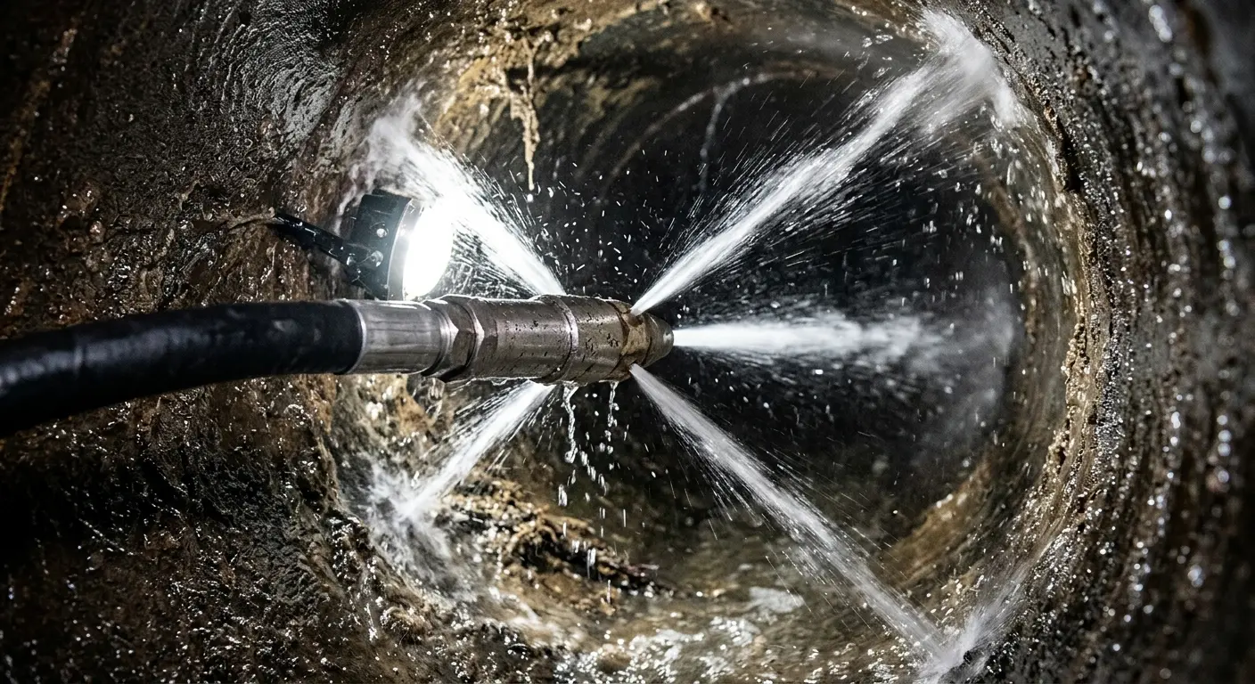 High-pressure hydro jetting nozzle cleaning sewer pipe for Trenchless Sewer Repair in Westville