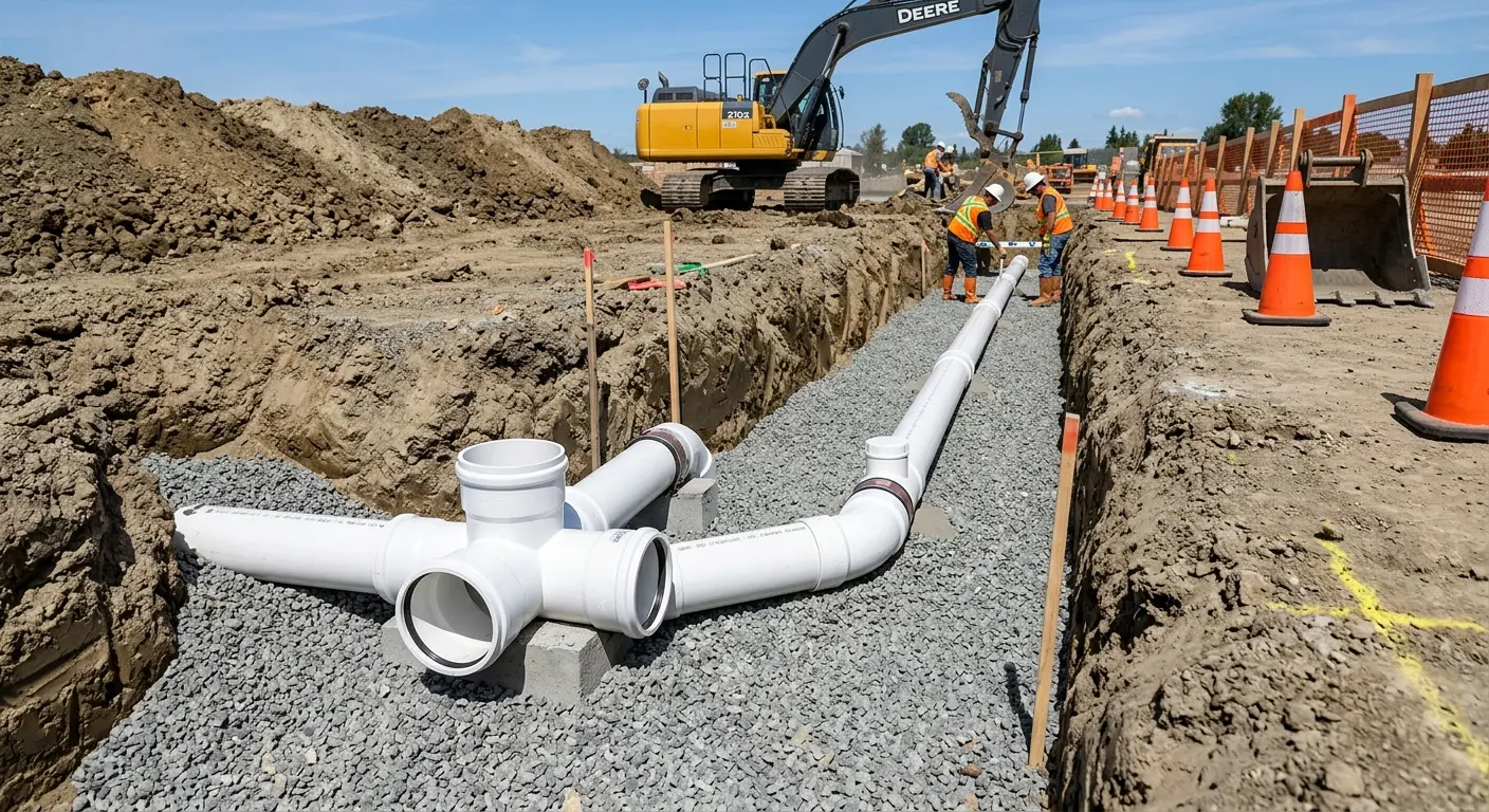 New PVC sewer pipe installation in open trench for Grease Trap Cleaning in Westville