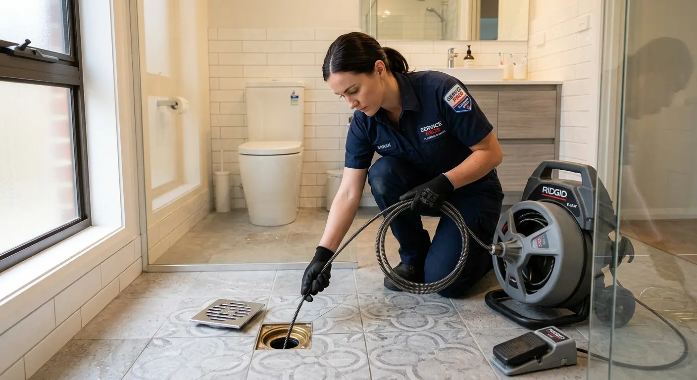 Technician clearing a bathroom floor drain for Drain Repair in Westville